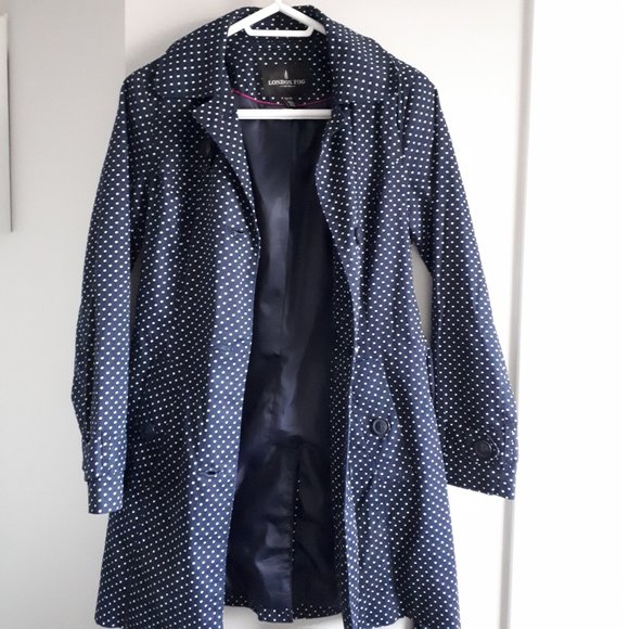 London Fog Trench Coat Navy Blue Polka Dot - Picture 6 of 11